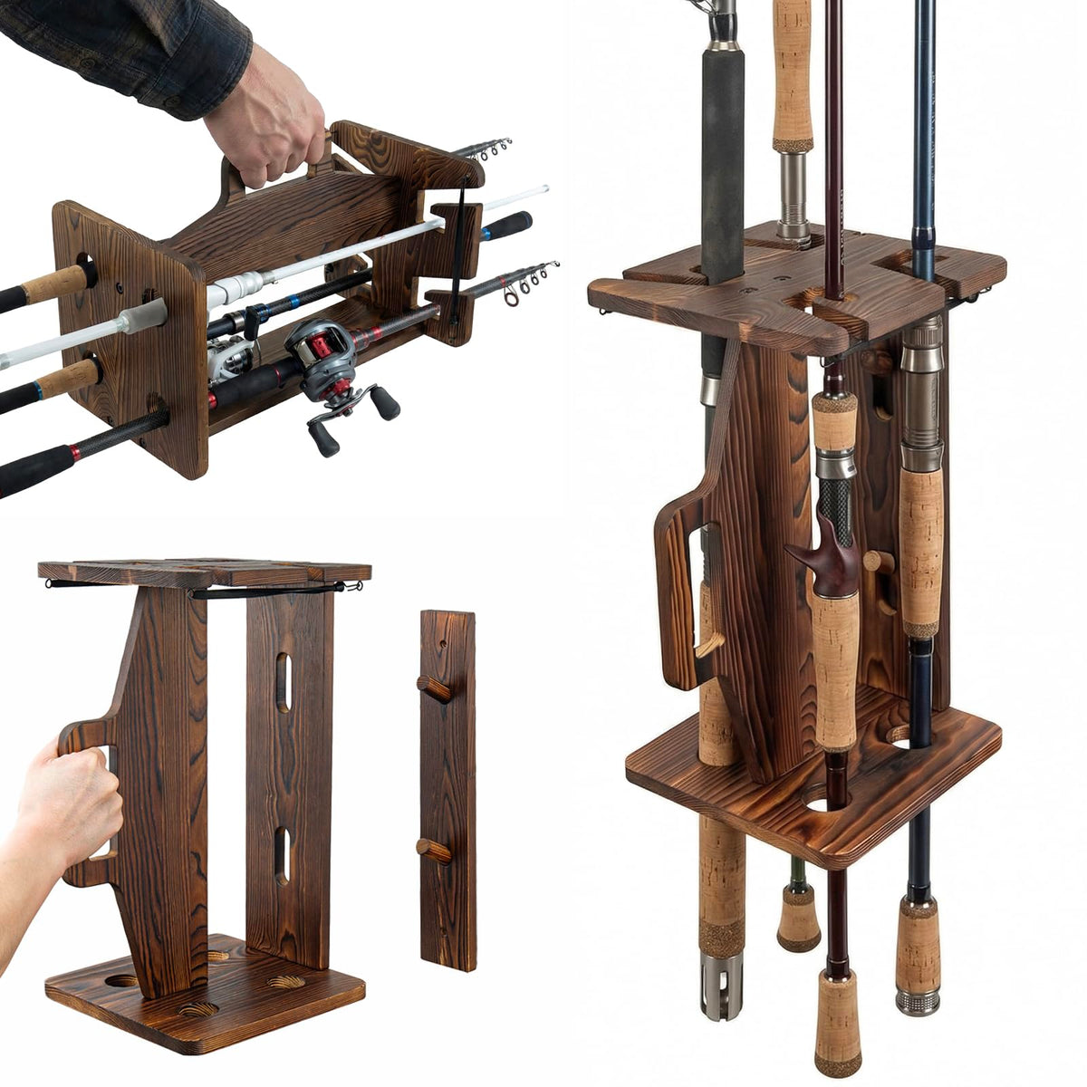 MyGift Rustic Wood Fishing Rod Rack, Portable Wall Mount - Image 1