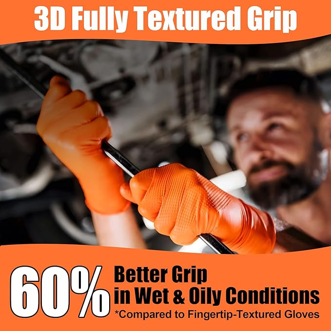 TREEGO Orange Nitrile Gloves 10 Mil Disposable Rubber Mechanic Gloves, Heavy Duty Diamond Grip for Automotive, Latex Free Industrial Work Gloves, 100 Count Large