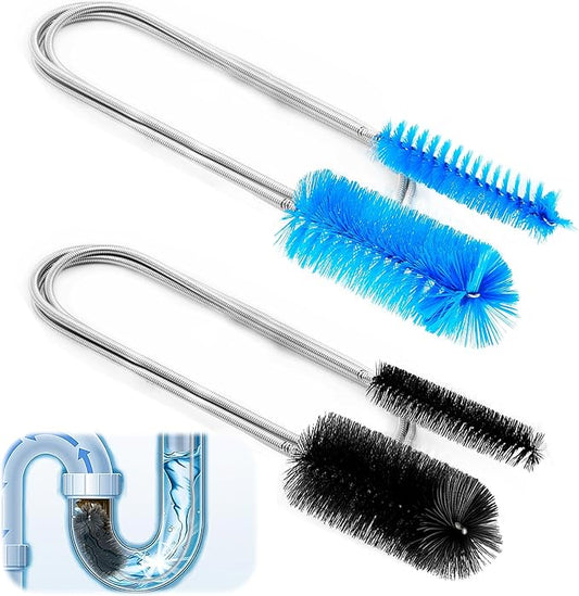 2 Pcs Flexible Drain Pipe Cleaning Brush, 36" Extra Long Double Ended Nylon Bristles and Stainless Steel Tube Cleaners, 2 Brush Head Sizes for Kitchen Sink, Pipe and Hose Cleaning (Black+Blue)