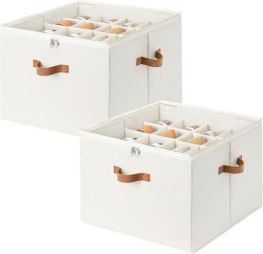 StorageWorks 2 Pack Shoe Organizer for Closet, Foldable Shoe Storage Box with Adjustable Dividers, Fabric Shoes Container, Stackable Storage Bins for Boots, Sneakers, Fits up to 16-32 Pairs, Beige