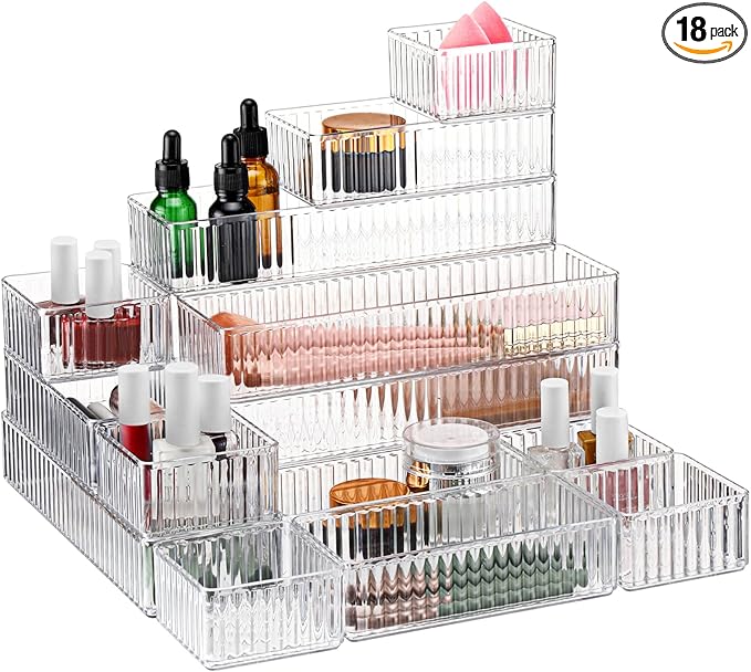 18 Pcs Drawer Organizer Stackable 4 Size Makeup Drawer Organizer Trays Acrylic Bathroom Vanity Storage Bins for Cosmetic, Jewelries, Office Supply, Kitchen Utensils(Clear,Stripes)