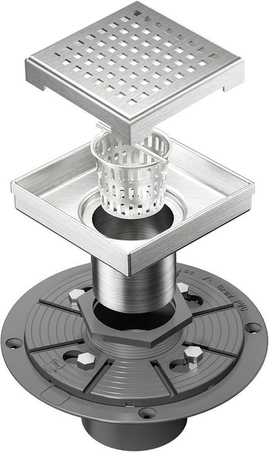 Neodrain 4-Inch Square Shower Drain with Removable Quadrato Pattern Grate, PVC Shower Drain Base and Rubber Gasket for Bathroom Floor Drain, Brushed 304 Stainless Steel, Includes Hair Strainer