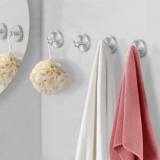 Suction Cup Hooks for Shower, Bathroom, Hanging Towels, Loofah, Robe, Mounting on Shower Glass Doors, Tile, Mirrors, Brushed Nickel, Rubber Suction Cup, 4-Pack
