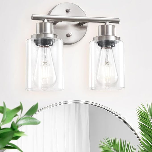 2-Light E26 Bathroom Light Fixtures, Modern Brushed Nickel Vanity Lights for Bathroom with Clear Glass Shade, Mirror Kitchen Hallway Cabinet Living Room Sconces Wall Lights