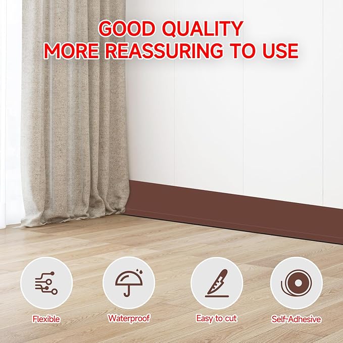 Flexible Baseboard Molding Trim 3 Inch(W) x 20 Feet(L) Self Adhesive Vinyl Wall Base Peel and Stick Cove Base,Rubber Wall Base. (Brown)