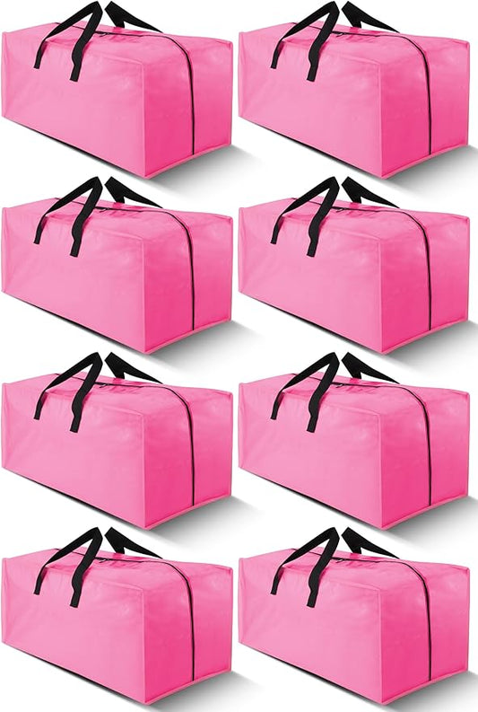 Cosy Family 8 Pack Heavy Duty Extra Large Moving Bags with Backpack Straps - Strong Handles & Zippers, Storage Totes For Space Saving, Fold Flat, Alternative to Moving Box, Pink