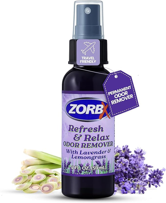 ZORBX Refresh & Relax 2 Oz Odor Remover Spray with Lavender & Lemongrass – Permanent Solution Room Freshener & Air Freshener Spray for Home, Bathroom, Furniture, Carpet, Car, Gym & Laundry