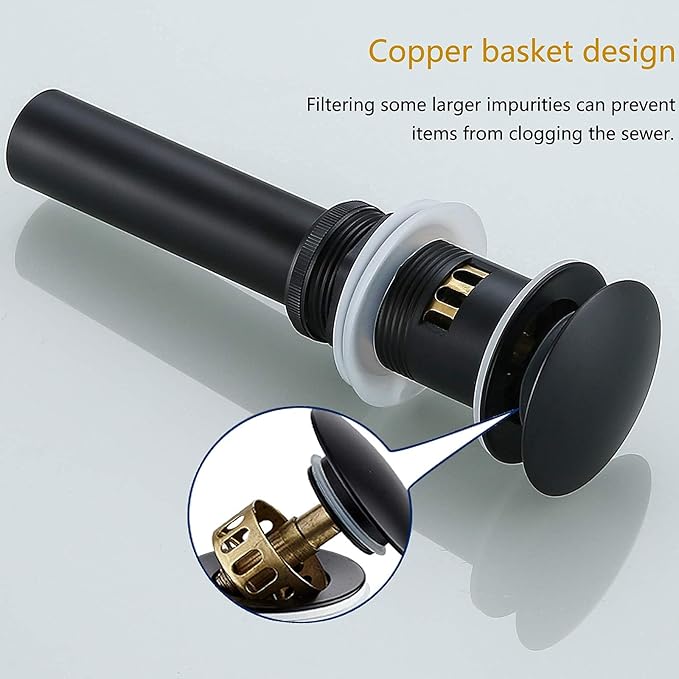 Bathroom Sink Drain with Strainer Basket Hair Catcher Anti Clog Pop Up Drain Stopper Vanity Vessel Sink with Overflow, Matte Black 83606-1MB.