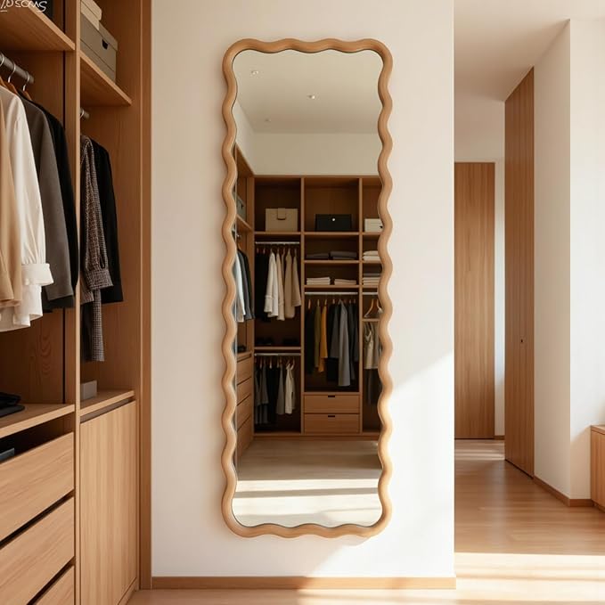 20"x63" Long Irregular Wavy Full Length Wall Mirror, Large Wood Framed Full Body Floor Mirror Leaning Against Wall for Dressing Bedroom Living Room Cloakroom Horizontal or Vertical Hanging Nature