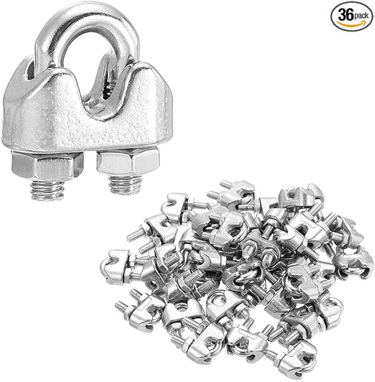 MECCANIXITY 36Pcs Wire Rope Cable Clip Clamps 1/8 Inch M3 Small 304 Stainless Steel U Bolt Saddle Fasteners Hardware for Secure Rigging Marine Guy Line Fence Clothesline, Silver