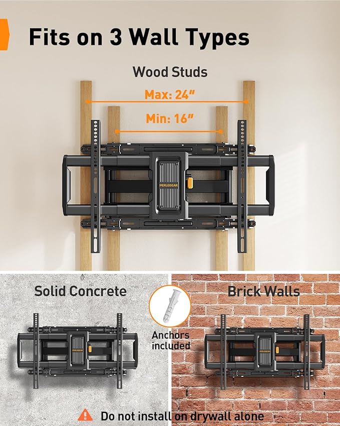 Perlegear Full Motion TV Wall Mount for 42–97 inch TVs up to 132 lbs, Preassembled and Telescopic Design for Easy Setup, Swivel, Tilt and Extension, Fits 16″/18″/24″ Wood Studs, Max VESA 600x400mm