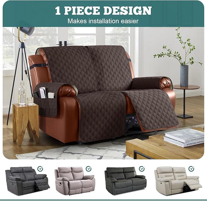 Ruaozz Waterproof Recliner Sofa Covers, 1-Piece Couch Covers for Reclining Couches Reclining Couch Cover Washable Furniture Protector with Elastic Straps Pocket for Kids Pets (Chocolate, XL 2 Seater)