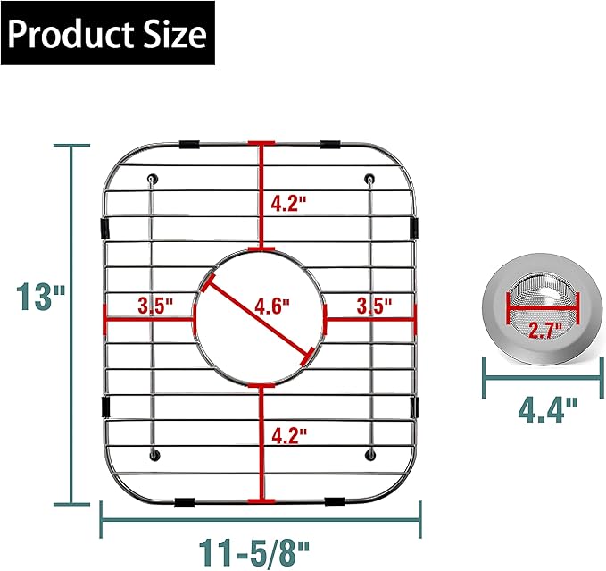 Sink Protectors for Kitchen Sink 13" x 11-5/8", 304 Stainless Steel Sink Grid protectors for Kitchen Sink with Certer Drain Hole, Metal Protector for Sink with Sink Strainers (Center Drain)