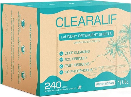 CLEARALIF Laundry Detergent Sheets Up to 240 Loads, FRESH OCEAN - Great For Travel,Apartments, Dorms,Laundry Detergent Strips Eco Friendly & Hypoallergenic