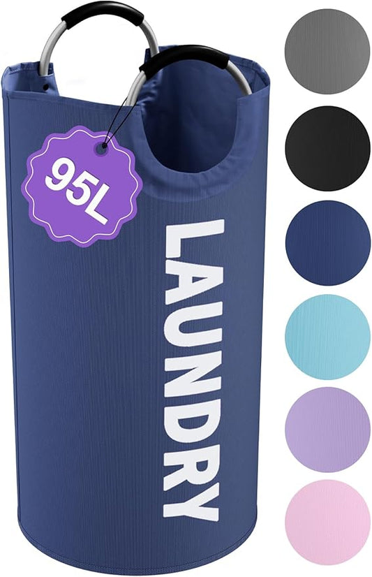95L Collapsible Laundry Baskets for Boy, Big Clothes Hampers with Handles, Stand-alone Laundry Bin, Portable Dirty Clothes Basket for Bathroom, Camping, Navy Blue