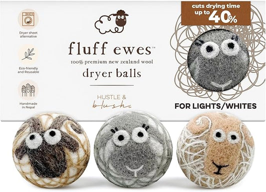 Hustle & Blush Fluff Ewes Wool Dryer Balls 3 Pack - Extra Large Lights Premium Hand Needled New Zealand Laundry Set, Reduces Drying Time, Static Control, Chemical Free Reusable for Essential Oils