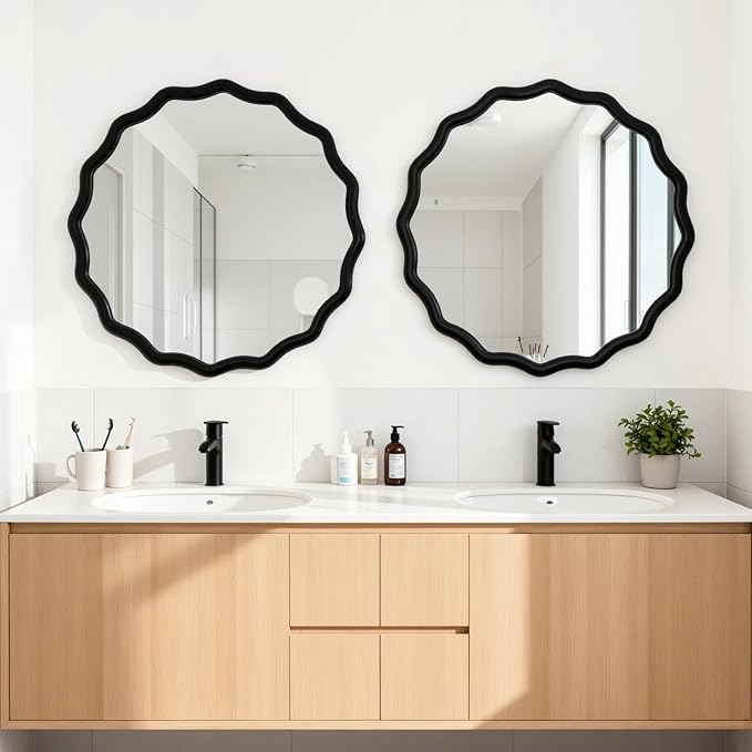 Circle Scalloped Mirror for Wall,32" Round Wavy Wooden Frame Vanity Mirror Hanging for Bedroom, Living Room, Hallway, Entryway, Home Decor Black