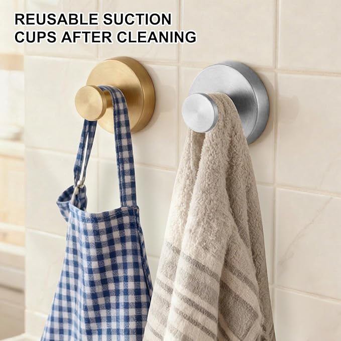 Suction Cup Hooks Applicable Shower No-Drill Bathroom Hooks for Towels, Ornament，Robes, Loofah Mountable on Bathroom Walls, Kitchen, Glass, Mirrors, Tile and Smooth,Non-Porous Surfaces (Golden 4pcs)