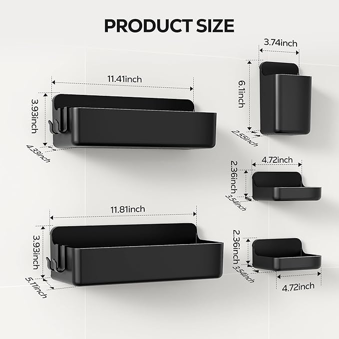 Shower Shelves 5 Pack — Adhesive Shower Wall Shelf Organizer for Bathroom Organization, Black