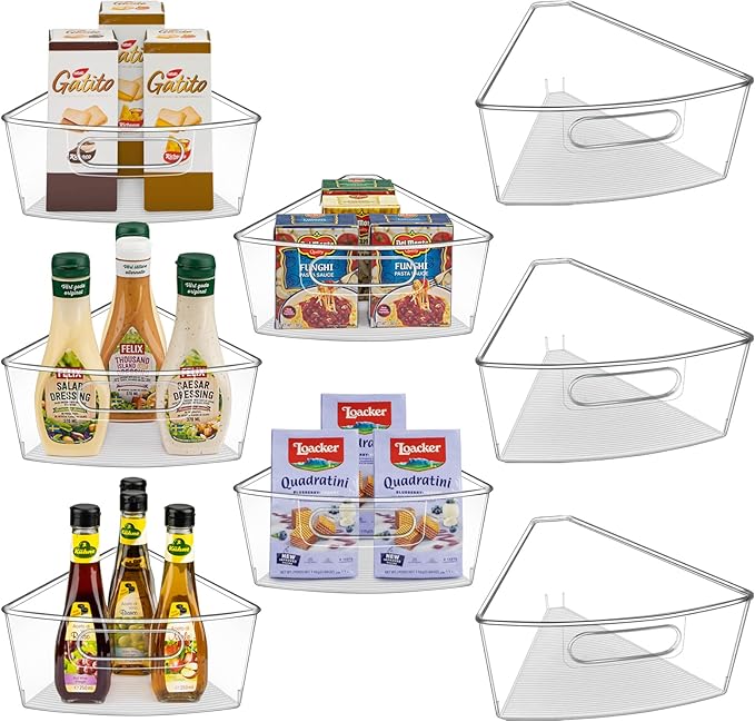 Lazy Susan Cabinet Organizer Bins for 26"/ 28"/ 32" Diameter Corner Organizer, Plastic Cabinet Storage Bin, 1/8 Wedge - Food Safe, BPA Free, with Non-Slip Pads (for 28" Diameter, 8 Pack)