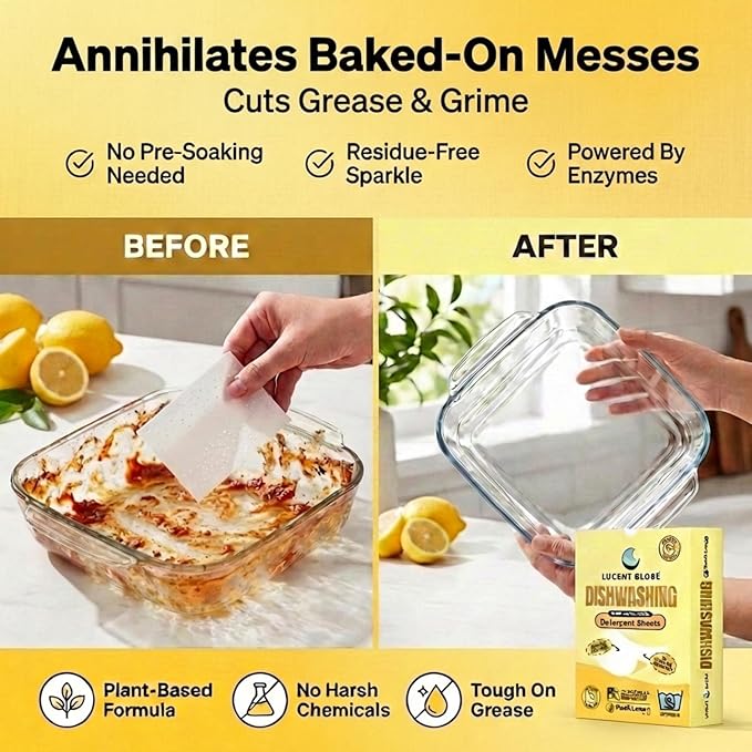 Lucent Globe Dishwasher Dishwashing Detergent Sheets, Dish Soap & Dishwashing Tablets Alternative. Plant-Based, Eco-Friendly, Lemon Scent & Plastic Free Packaging (64 Sheets)