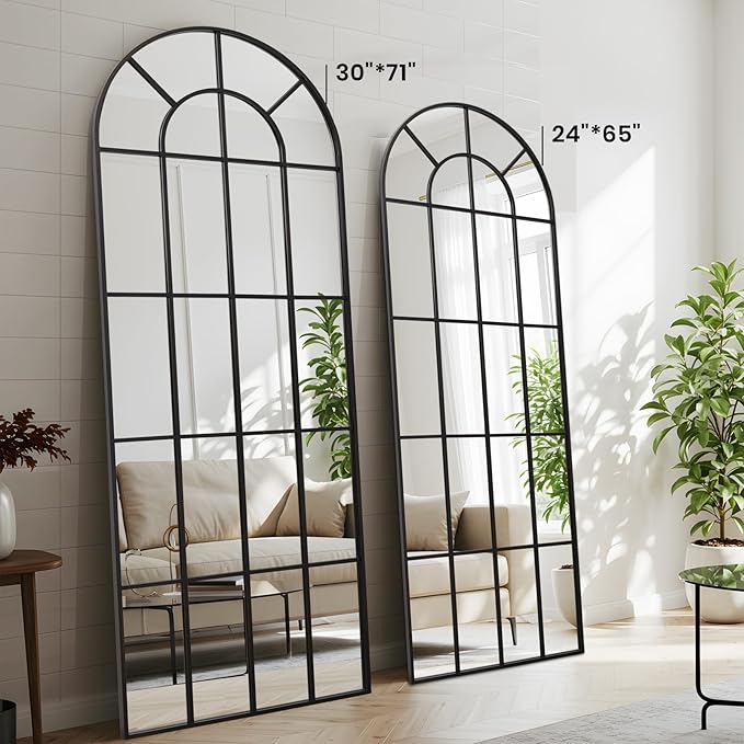 Arched Windowpane Mirror Full Length 71"x30" Wall Mounted Black Art Pane Farmhouse Decorative Floor Mirror Leaning Hanging Wall Mirror for Bedroom Living Room Entrance