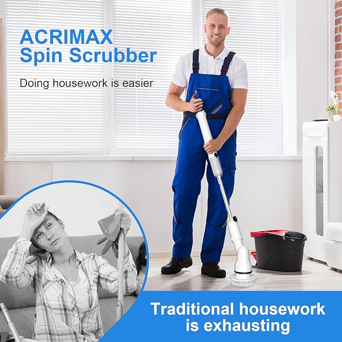 Electric Spin Scrubber, Cordless Floor Scrubber with 5 Replaceable Cleaning Brush Heads and Extension Handle for Tub, Tile, Shower, Kitchen