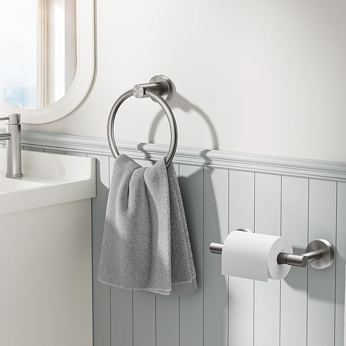 FORIOUS Toilet Paper Holder Wall Mount, SUS304 Stainless Steel Double Post Pivoting Tissue Roll Holder and Hand Towel Ring Set for Bathroom, RV, Bathroom Hardware Accessories Set, Brushed Nickel