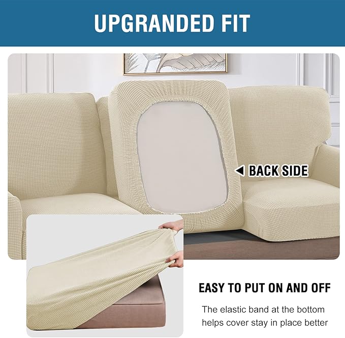 H.VERSAILTEX Multi-Pieces Sofa Covers Stretch Couch Covers Form Fitted Seats and Back Cushions Covers (3 Seat Covers Plus 3 Back Cusion Covers, Bonus 2 Armrest Covers), Natural
