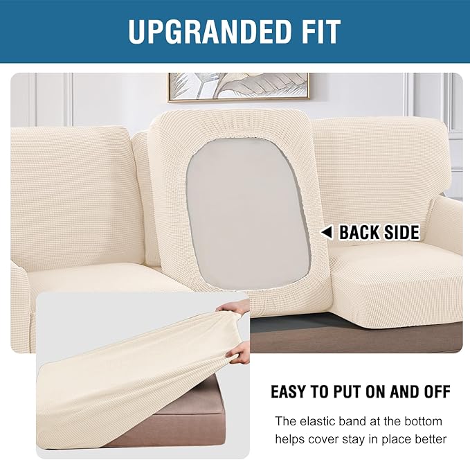 H.VERSAILTEX Multi-Pieces Sofa Covers Stretch Couch Covers Form Fitted Seats and Back Cushions Covers (2 Seat Covers Plus 2 Back Cusion Covers, Bonus 2 Armrest Covers), Cream