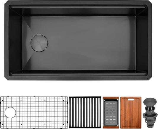 Black Undermount Kitchen Sink,16 Gauge Stainless Steel Sinks,Single Bowl Workstation Sink,Modern Kitchen Sink Offset Drain (33" X 18")