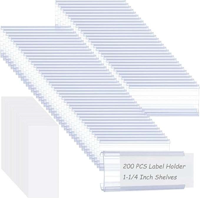 200 PCS Wire Shelf Label Holder with Label Paper Inserts Clear Metro Shelf Clips Plastic Shelf Tags for Wire Shelving, Compatible with 1-1/4 Inch Shelves