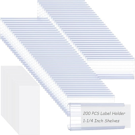 200 PCS Wire Shelf Label Holder with Label Paper Inserts Clear Metro Shelf Clips Plastic Shelf Tags for Wire Shelving, Compatible with 1-1/4 Inch Shelves