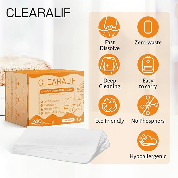 CLEARALIF Laundry Detergent Sheets Up to 240 Loads, AMBER DUSK - Great For Travel,Apartments, Dorms,Laundry Detergent Strips Eco Friendly & Hypoallergenic