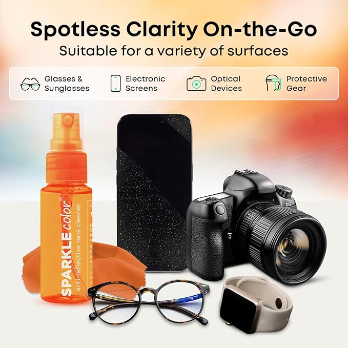 Sparkle Anti-Reflective Safe Lens Cleaner Spray Kit - (2) 1oz Glasses Cleaner Bottle & (2) Microfiber Cloth for Eyeglasses, Sunglasses, Lenses, Screens and Camera Cleaning Kit (4 Piece Set)