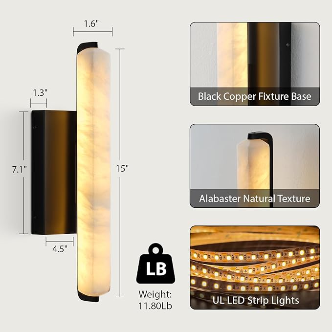 Alabaster Wall Sconces, 15" Black Alabaster Sconce, Spanish Natural Marble Bathroom Vanity Sconces, Rectangle Modern Sconces Lighting for Bedroom Living Room Staircases Hallway