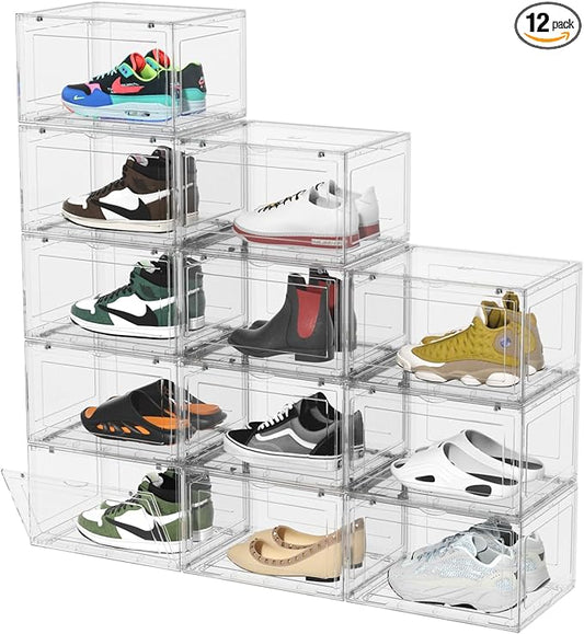 Asking 12-Pack Acrylic Clear Plastic Stackable Shoe Storage Boxes with Magnetic Front Door, Clear Shoe Case Containers Sneaker Storage