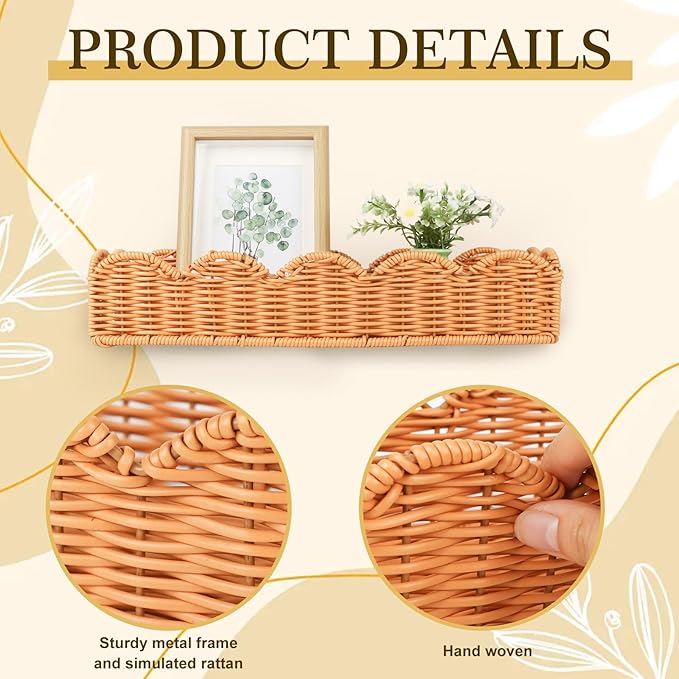 2 Set Nursery Book Shelves Scalloped Plastic Artificial Rattan Classroom Wall Shelf 15.8 Inch Wall Mounted Floating Bookshelve, Hanging Boho Wicker Woven Shelf for Bedroom Farmhouse Decor (2, Brown)