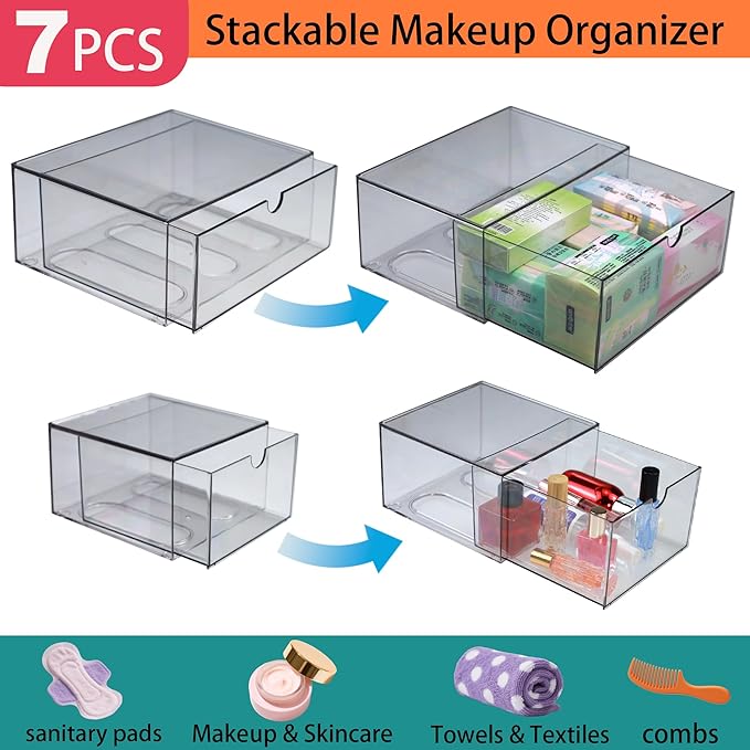 7 Pack Acrylic Makeup Organizer Clear Stackable Storage Drawers Tall Acrylic Bathroom Makeup Organizer for Cosmetic,Beauty Supplies,Ideal for Vanity, Undersink,Cabinet,Desk Home Organization
