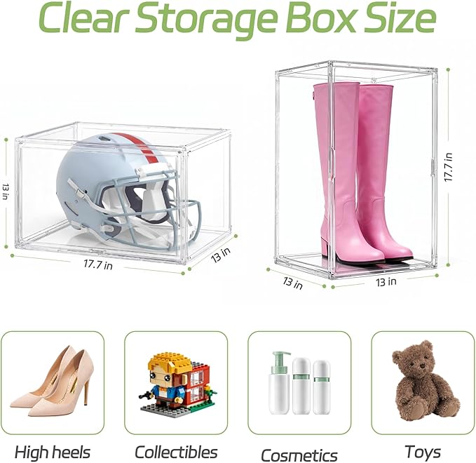 Extra Large 17.7" x 13" x 13" Clear Stackable Storage Bins, Acrylic Display Case with Magnetic Lids, Football & Motorcycle Helmet Showcase, Basketball, Sports Memorabilia Organizer (2 Pack)