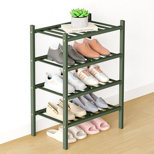 Smiry Bamboo Shoe Rack for Closet, 4 Tier Small Wooden Stackable Shoe Organizer, Free Standing Shoes Storage Shelf for Entryway, Front Door Entrance, Green