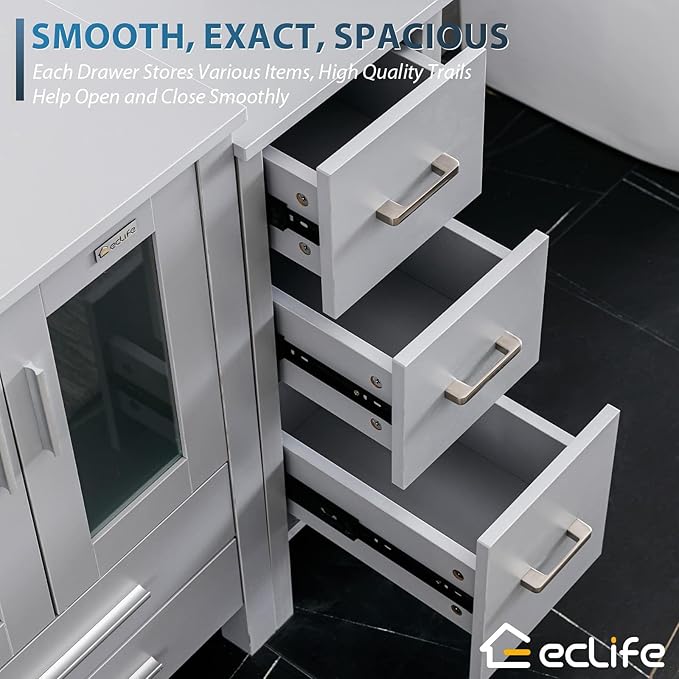 eclife 72" Modern Bathroom Vanity Sink Combo Freestanding Cabinet with Small Side Cabinet, White Rectangle Ceramic Vessel Sink, Water Save Faucet, Drain (Gray+T03)