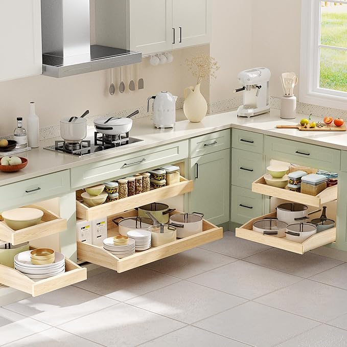 ROOMTEC Pull Out Cabinet Organizer with Soft Close, 16-1/2" W x 21" D, Pull Out Cabinet Drawer for Kitchen cabinets, Pull Out Cabinet Shelf, Finished, Bottom Assembly, 2PCS