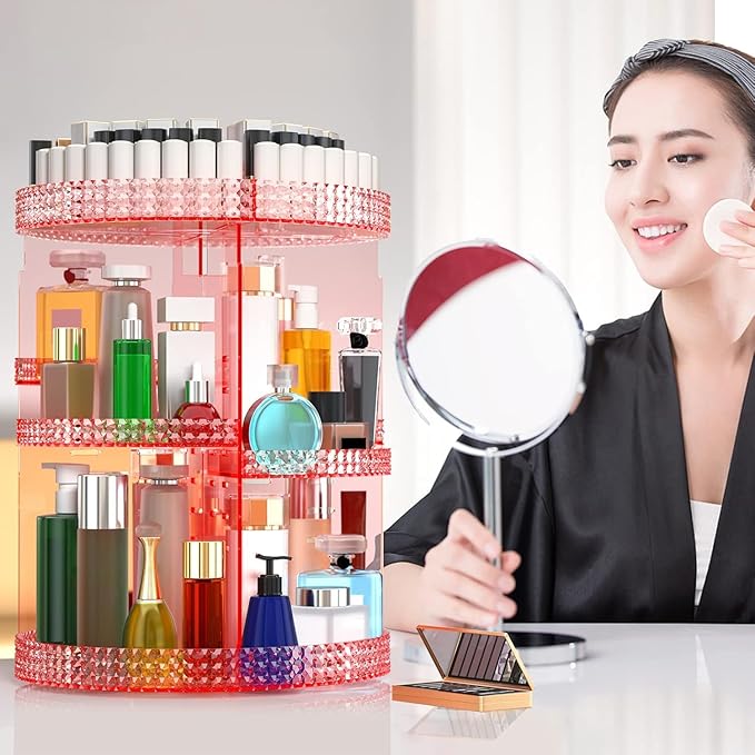 Pink 360 Makeup Organizer Carousel, Organizador De Perfumes, Acrylic Make Up Organizer, Large 7 Layers 360 Makeup Organizer, Fits Makeup Brushes, Lipsticks, Bathroom, Vanity, Plus Size Pink