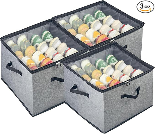 Shoe Organizer for Closet, 3 Pack Shoe Storage Bins with Clear Cover, Adjustable Dividers Fits 24-48 Pairs, Grey