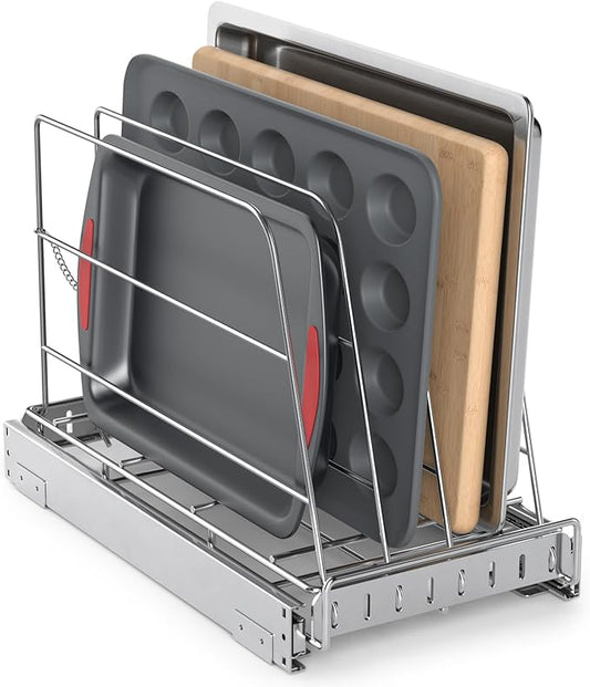 Pull Out Cabinet Organizer for Cutting Board, Cookie Sheet, Baking Sheet, Stainless Steel Sliding Rack for Bakeware & Trays, Heavy-Duty Cutting Board Organizer (9” x 16.5” (22.8 x 41.8 cm))
