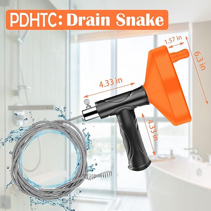 Drain Snake Auger 33 Feet, Plumbing Snake Drain Hair Clog Removal Tool, Sink Unclogger Drain, Heavy Duty Toilet Snake Auger, Cleaner Tool for Bathroom Kitchen Tub Shower Drain Clog Remover with Gloves