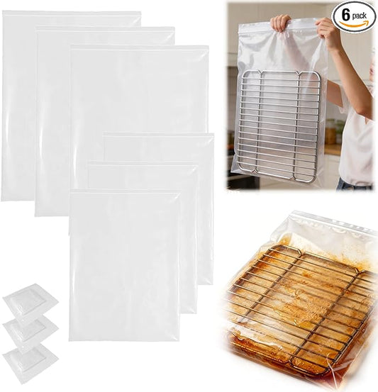 6-Pack Heavy Duty No-Scrub Oven Rack Cleaning Bags with Included Disposable Gloves, Reusable Leak-Resistant PE Soaking Bags for Grill Grates, BBQ & Removable Metal Racks - No Cleaner Included