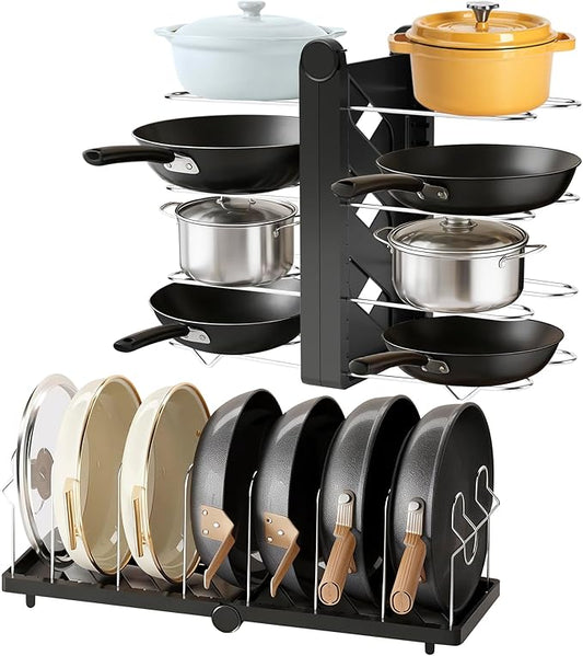 CEHNCEH Pots and Pans Organizer under Cabinet for Cabinet and Countertop Longest 28.5 in Foldable Adjustable 8-Tier Pan Organizer Rack Perfect to Store Pots, Kitchen Cabinet Organizer (Black)