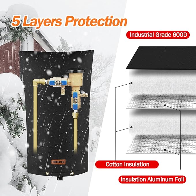 TOHONFOO Backflow Preventer Pipe Insulation Cover (5°F) - Irrigation Sprinkler Valve Insulated Pouch - Water Well Pump Cover - Sturdy 5 Layers for Winter Freeze Protection, 14" W x 26" H, Black